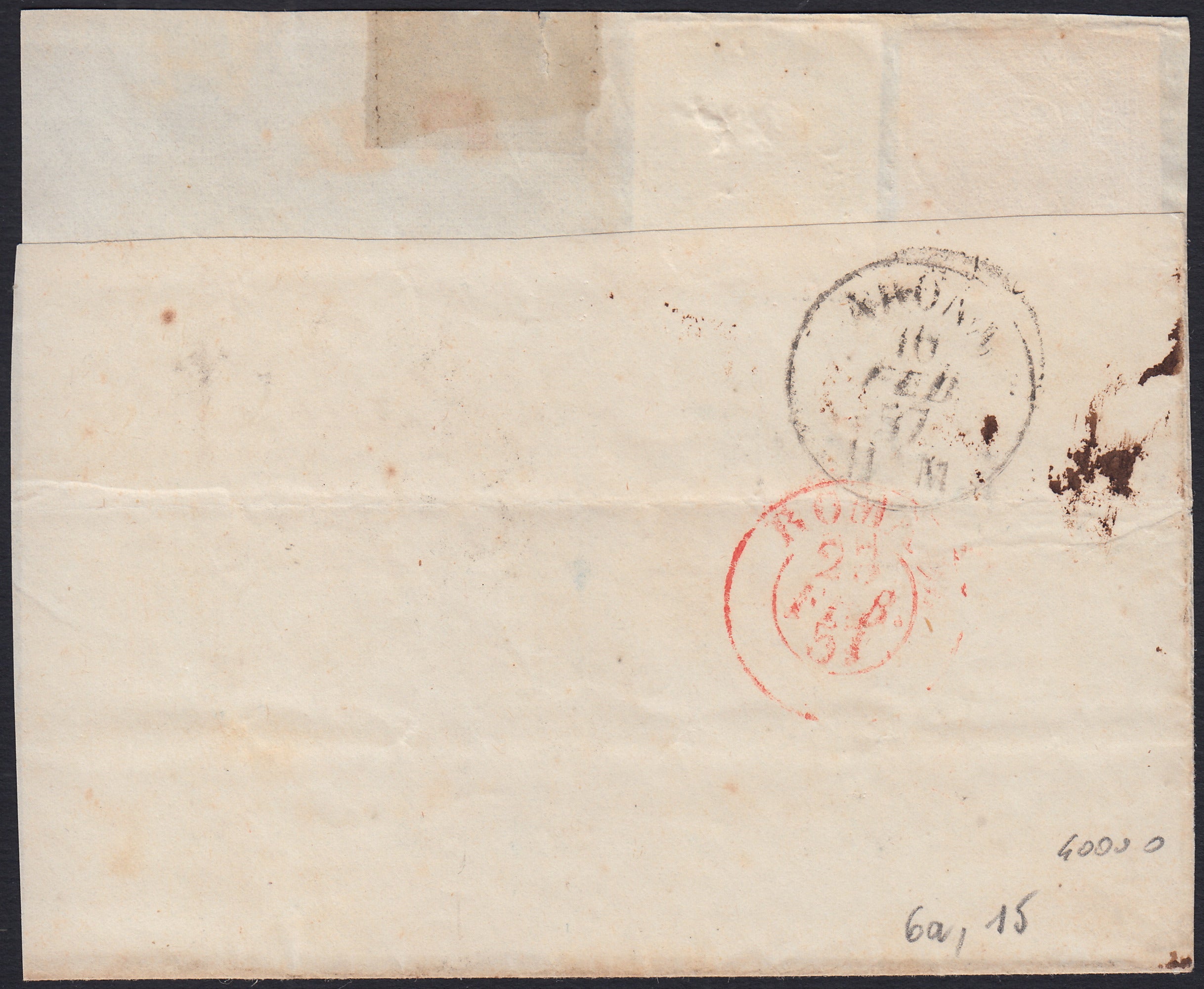 ES2512_18 - 1857 - II emissione c.40 rosa chiaro + IV emissione c.15 cobalto su lettera da Borgomanero per Roma 16/2/57 (6 + 15)