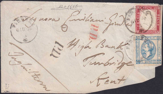 ES2512-1 -1863 - Gran parte di lettera spedita da Firenze per Tumbridge (Kent, GB) 7/6/63 affrancata con Sardegna c.40 + Regno c. 15 azzurro (16Eb + 12)