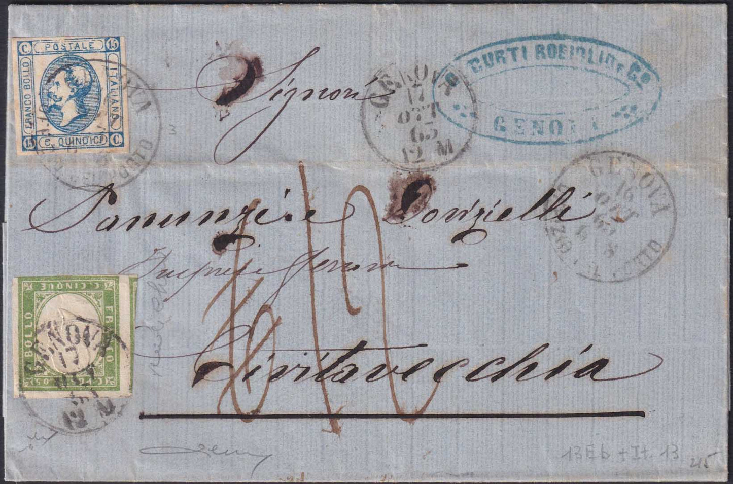 ES2512-4 -1863 - Lettera spedita da Genova per Civitavecchia 17/10/63 con Sardegna c.5 + Regno c. 15 azzurro (13Eb + 13)