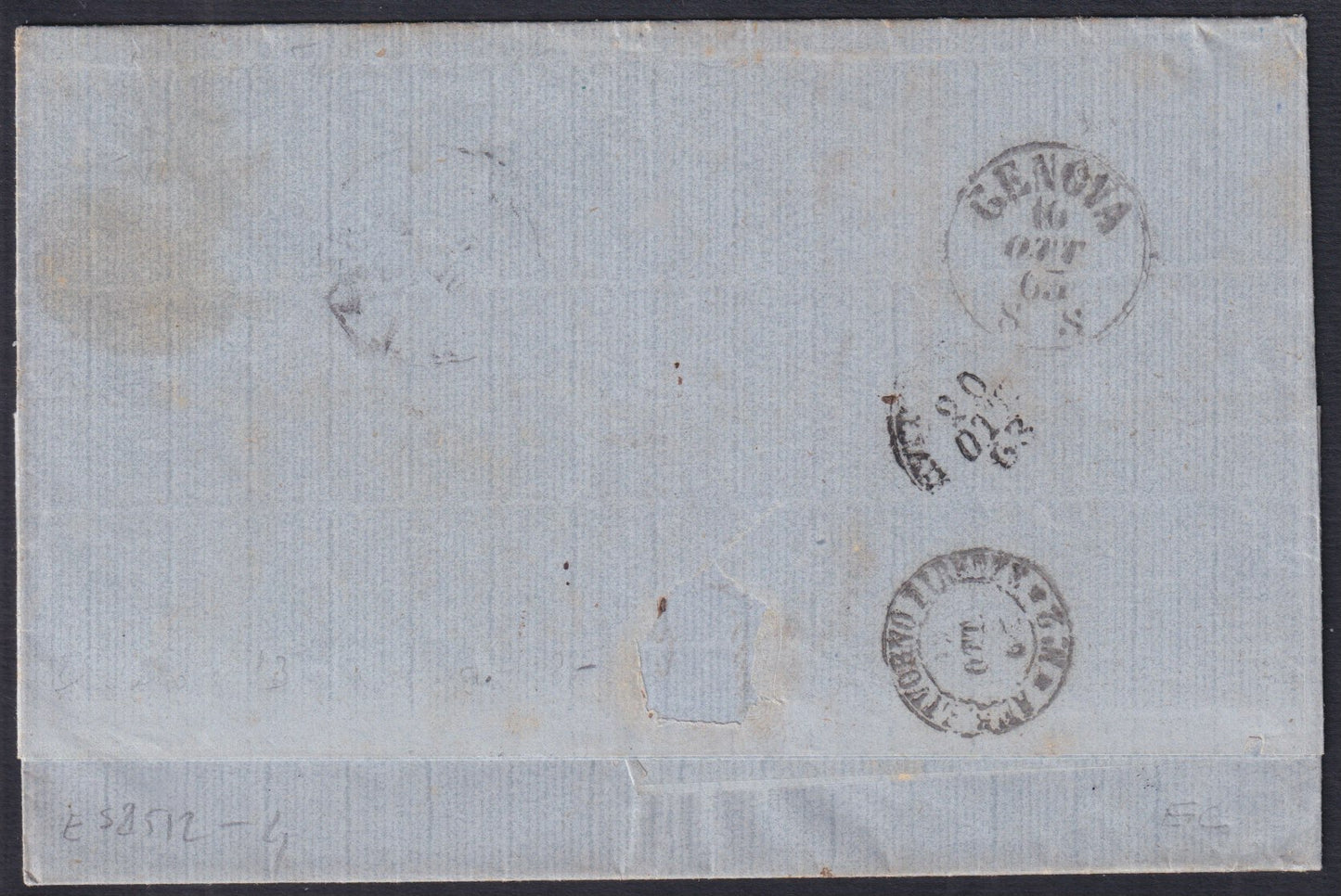 ES2512-4 -1863 - Lettera spedita da Genova per Civitavecchia 17/10/63 con Sardegna c.5 + Regno c. 15 azzurro (13Eb + 13)
