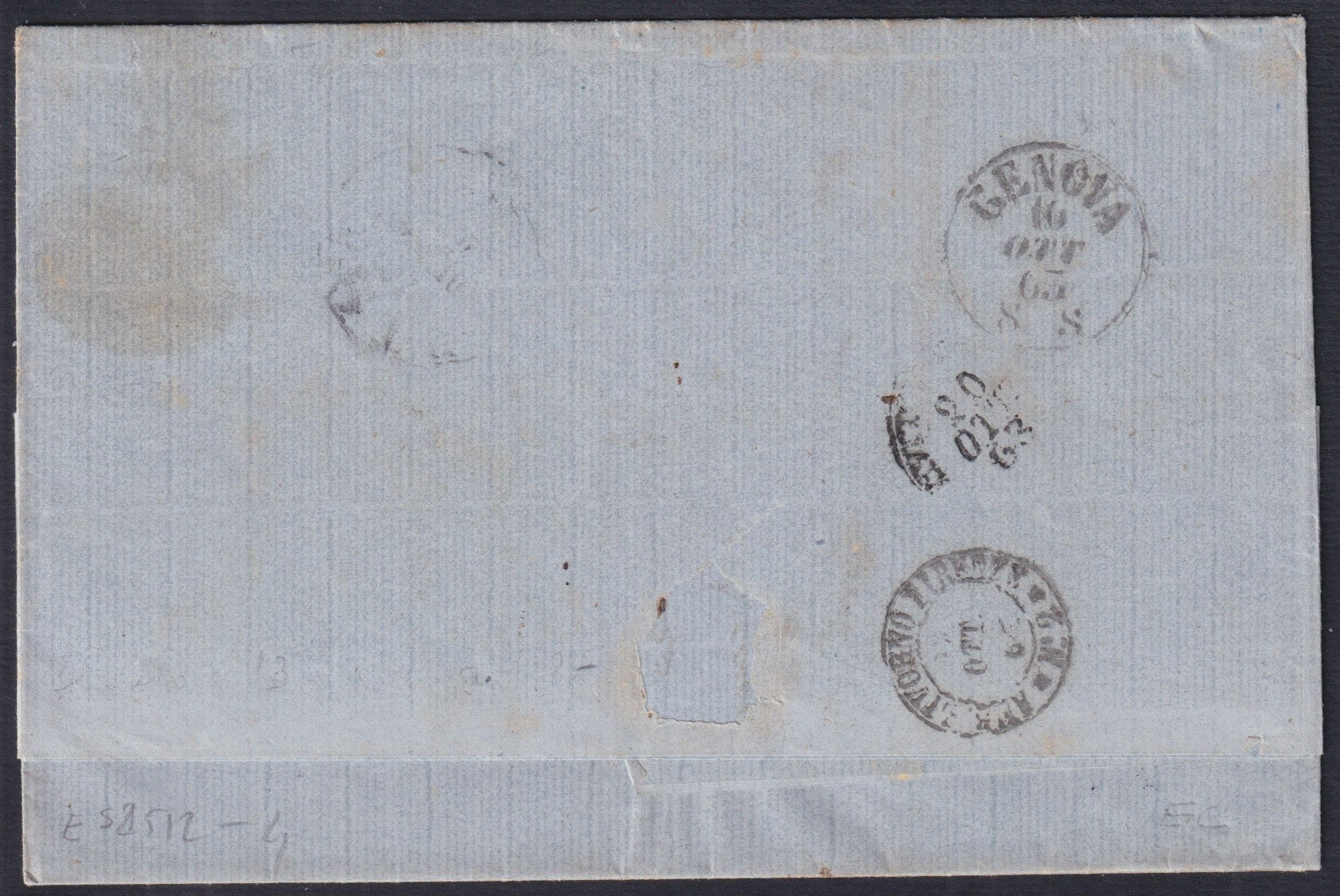 ES2512-4 -1863 - Lettera spedita da Genova per Civitavecchia 17/10/63 con Sardegna c.5 + Regno c. 15 azzurro (13Eb + 13)