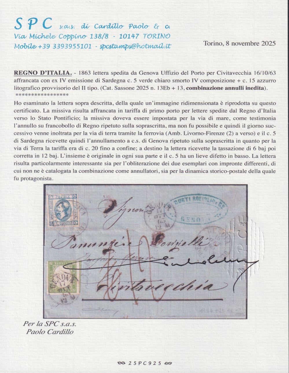 ES2512-4 -1863 - Lettera spedita da Genova per Civitavecchia 17/10/63 con Sardegna c.5 + Regno c. 15 azzurro (13Eb + 13)