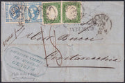 ES2512-7 -1863 - Lettera spedita da Genova per Civitavecchia 24/4/63 affrancata con c. 5 verde x 2 + c. 15 azzurro litografico del I tipo x 2 (13Ea+12 + 12a))