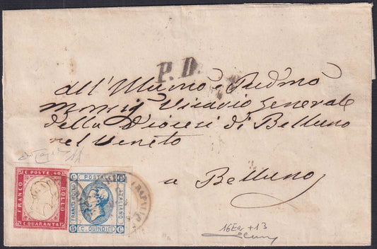 ES2512-8 -1863 - Lettera spedita da S. Margherita Rapallo per Belluno 9/9/63 affrancata con sardegna c. 40 rosa carminio lillaceo + Regno c. 15 azzurro (16Eb + 13)