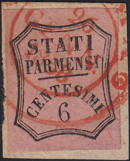 ES2585_10 - 1857 - Segnatasse per giornali, c. 6 rosa usato con annullo rosso di PARMA (1)