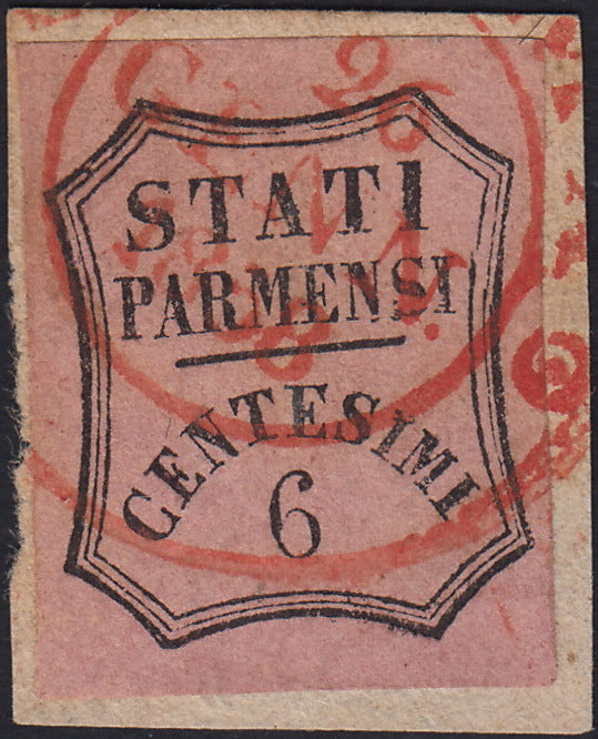 ES2585_10 - 1857 - Segnatasse per giornali, c. 6 rosa usato con annullo rosso di PARMA (1)