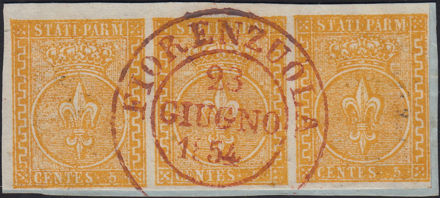 ES2585_11 - 1853 - II emissione c. 5 giallo arancio striscia di 3 esemplari usata su frammento (6)