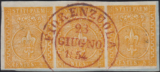 ES2585_11 - 1853 - II emissione c. 5 giallo arancio striscia di 3 esemplari usata su frammento (6)