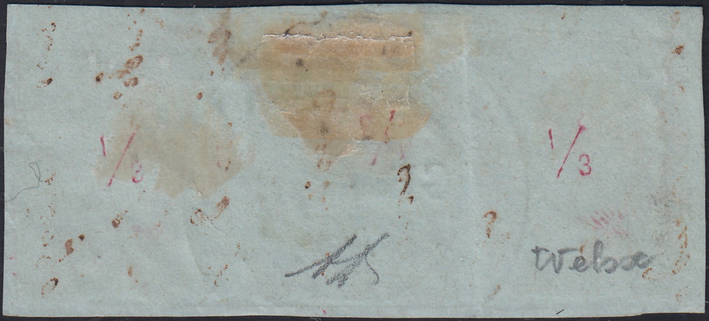 ES2585_11 - 1853 - II emissione c. 5 giallo arancio striscia di 3 esemplari usata su frammento (6)