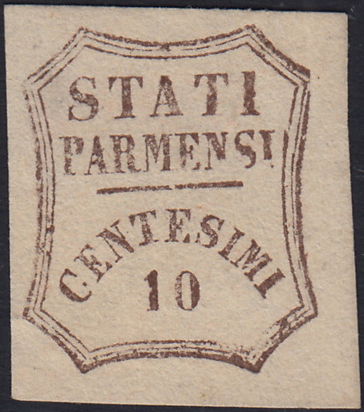 1859 - STATES OF PARME and value in an octagon with curved lines, c. 10 new brown with intact rubber (14).