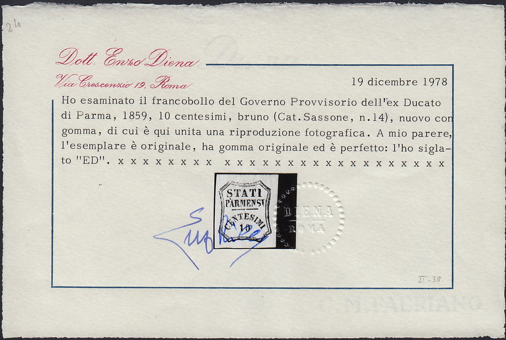 ES2585_13 - 1859 - Stati Parmensi e cifra in un ottagono a linee curve, c. 10 bruno nuovo con gomma (14)