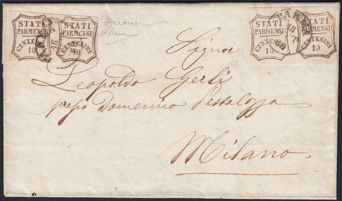 ES2585 - 1859 - STATI PARMENSI e valore in un ottagono a linee curve, c.10 bruno due coppie da Parma per Milano 18/10/59 (14)