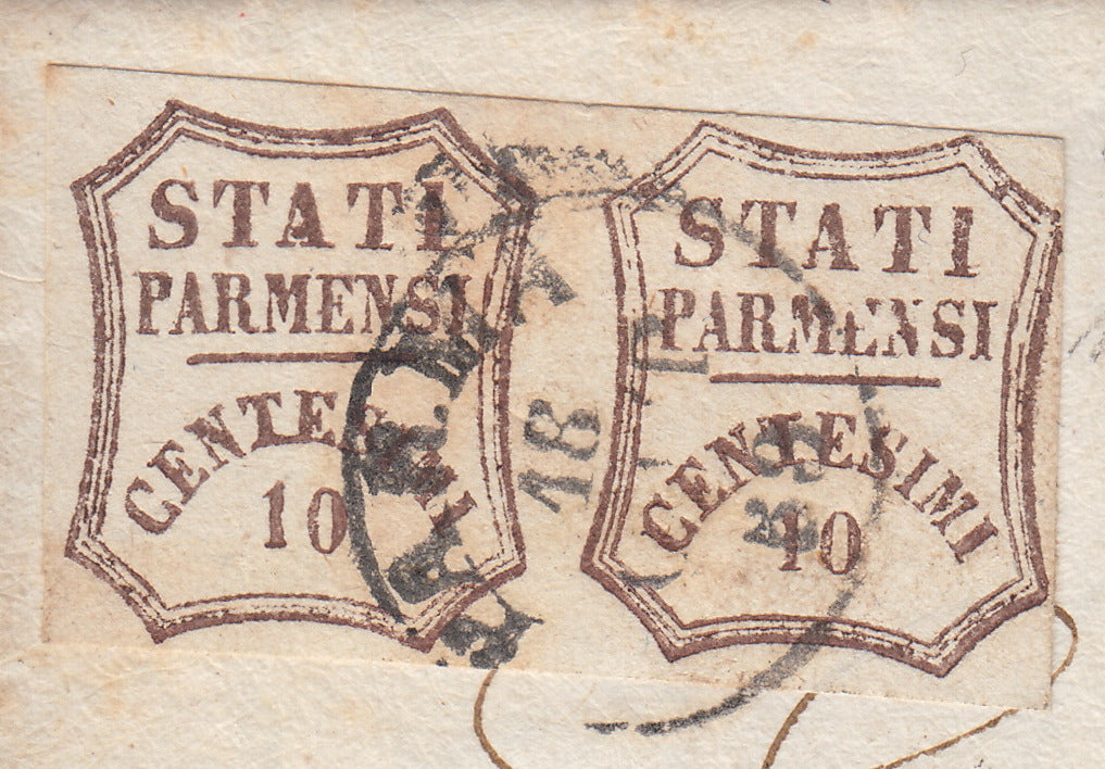 ES2585 - 1859 - STATI PARMENSI e valore in un ottagono a linee curve, c.10 bruno due coppie da Parma per Milano 18/10/59 (14)