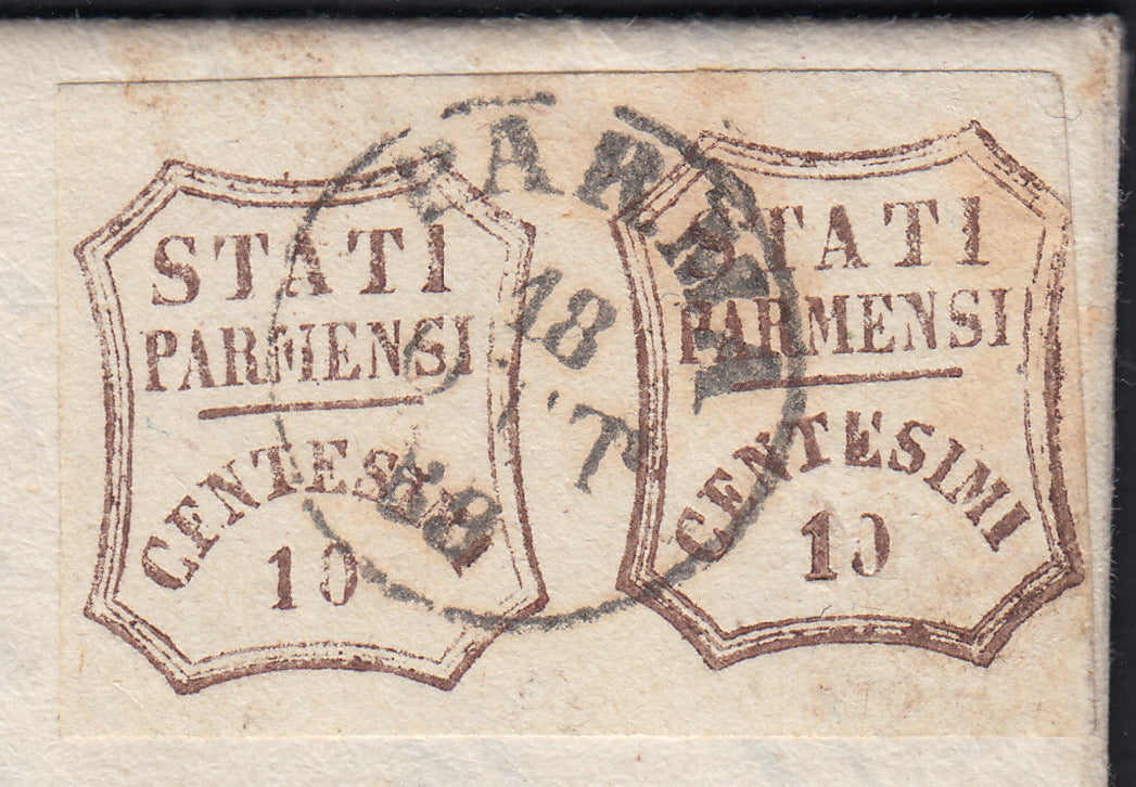 ES2585 - 1859 - STATI PARMENSI e valore in un ottagono a linee curve, c.10 bruno due coppie da Parma per Milano 18/10/59 (14)