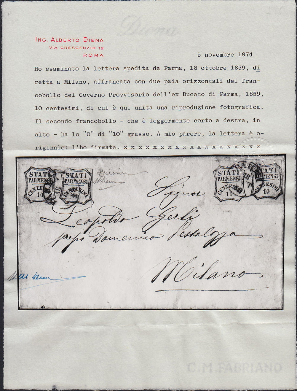 ES2585 - 1859 - STATI PARMENSI e valore in un ottagono a linee curve, c.10 bruno due coppie da Parma per Milano 18/10/59 (14)