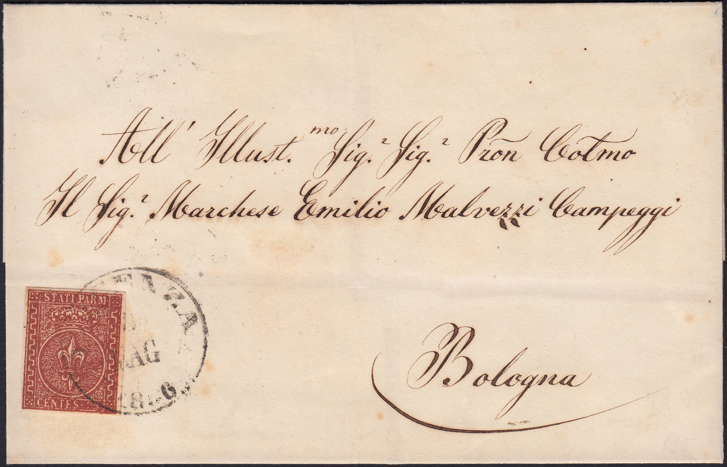 ES2585_15 - 1855 - II emissione c.25 bruno rosso su lettera da Piacenza per Bologna maggio 1856 (8)