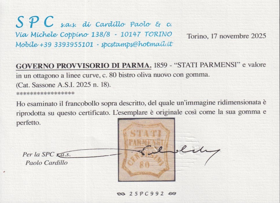 ES2585_18 - 1859 - Stati Parmensi e cifra in un ottagono a linee curve, c. 80 bistro oliva nuovo con gomma (18).