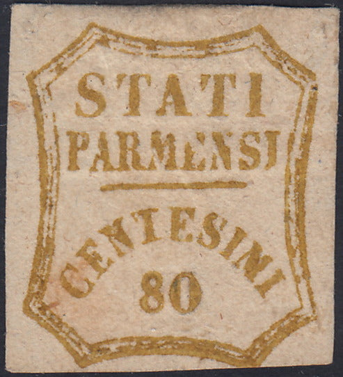 1859 - STATES OF PARME and value in an octagon with curved lines, c. 10 new brown with intact rubber (14).