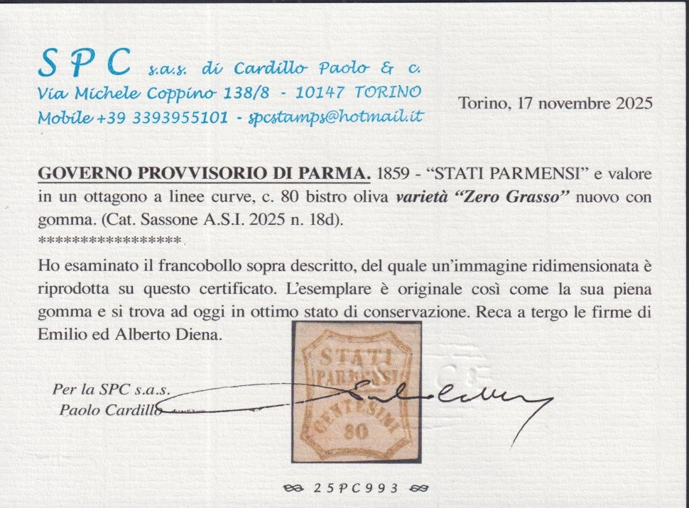 ES2585_19 - 1859 - Stati Parmensi e cifra in un ottagono a linee curve, c. 80 bistro oliva varietà "Zero grasso" nuovo con gomma (18d).