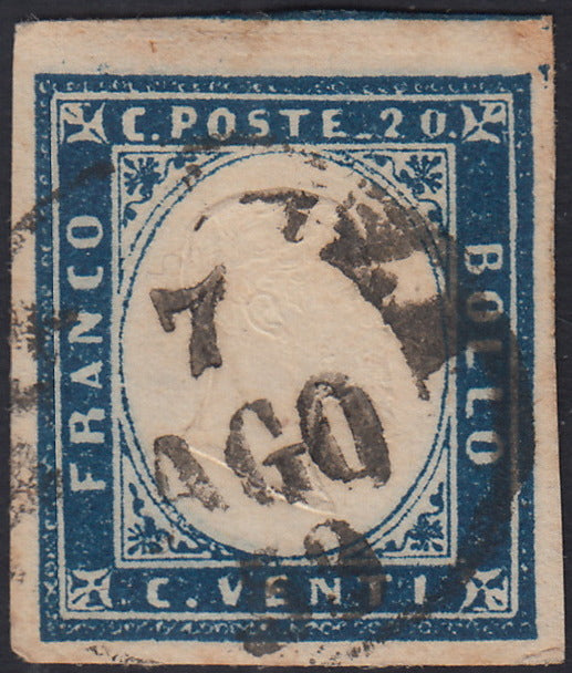 ES2585_1 - 1859 - IV emissione di Sardegna, c.20 cobalto oltremare I tavola usato PIACENZA 7/8/59, periodo di Governo Provvisorio di Parma (A3)