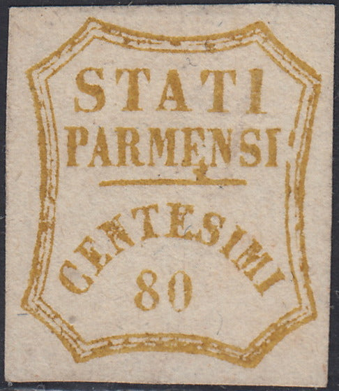 1859 - STATES OF PARME and value in an octagon with curved lines, c. 10 new brown with intact rubber (14).