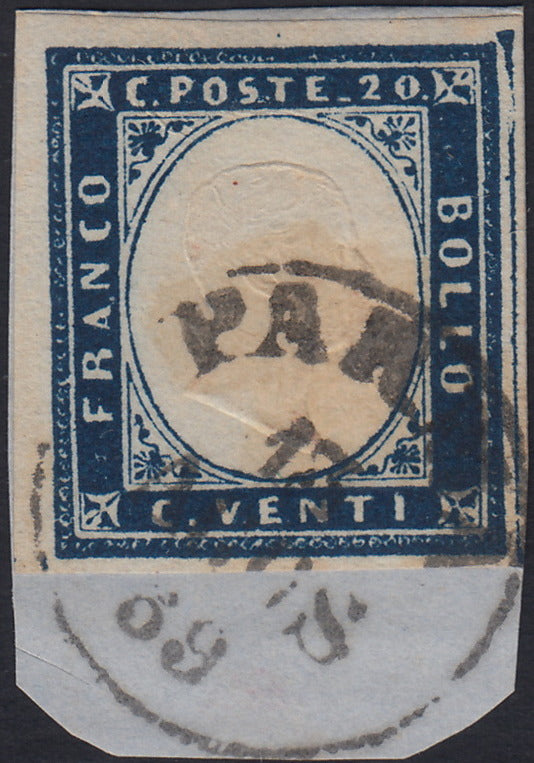 ES2585_2 - 1859 - IV emissione di Sardegna, c.20 indaco oltremare I tavola frammento PARMA 13/8/59, periodo di Governo Provvisorio di Parma (A3)