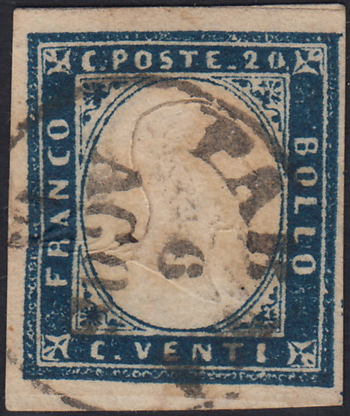 ES2585_3 - 1859 - IV emissione di Sardegna, c.20 cobalto oltremare I tavola usato PARMA 6/8/59, periodo di Governo Provvisorio di Parma (A3)