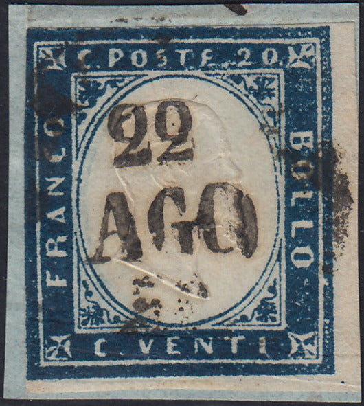 ES2585_4 - 1859 - IV emissione di Sardegna, c.20 cobalto oltremare I tavola frammento PARMA 22/8/59, periodo di Governo Provvisorio di Parma (A3)