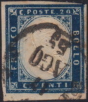 ES2585_6 - 1859 - IV emissione di Sardegna, c.20 cobalto oltremare I tavola usato PIACENZA 17/8/59, periodo di Governo Provvisorio di Parma (A3)