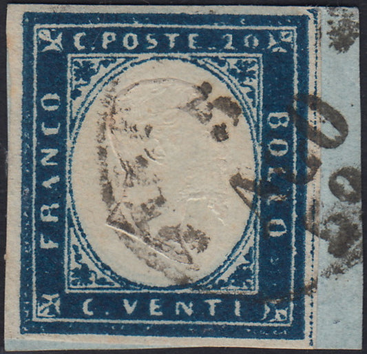 ES2585_7 - 1859 - IV emissione di Sardegna, c.20 cobalto oltremare I tavola frammento PIACENZA 5/8/59, periodo di Governo Provvisorio di Parma (A3)