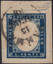 ES2585_8 - 1859 - IV emissione di Sardegna, c.20 cobalto oltremare I tavola frammento PARMA 15/8/59, periodo di Governo Provvisorio di Parma (A3)