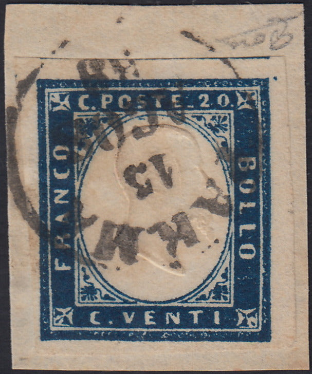 ES2585_8 - 1859 - IV emissione di Sardegna, c.20 cobalto oltremare I tavola frammento PARMA 15/8/59, periodo di Governo Provvisorio di Parma (A3)