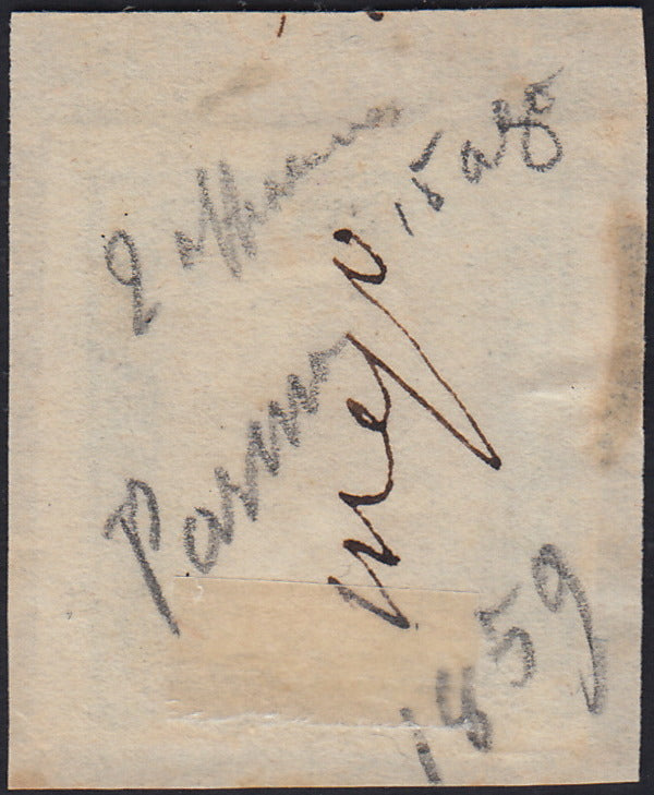 ES2585_8 - 1859 - IV emissione di Sardegna, c.20 cobalto oltremare I tavola frammento PARMA 15/8/59, periodo di Governo Provvisorio di Parma (A3)