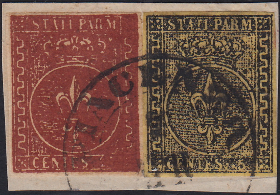ES2585_9 - 1855 - I emissione c. 5 giallo verdino + II emissione bruno rosso su frammento PIACENZA (1b+8)
