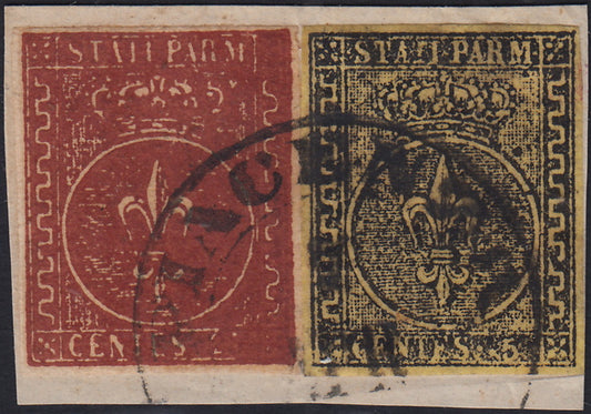 ES2585_9 - 1855 - I emissione c. 5 giallo verdino + II emissione bruno rosso su frammento PIACENZA (1b+8)