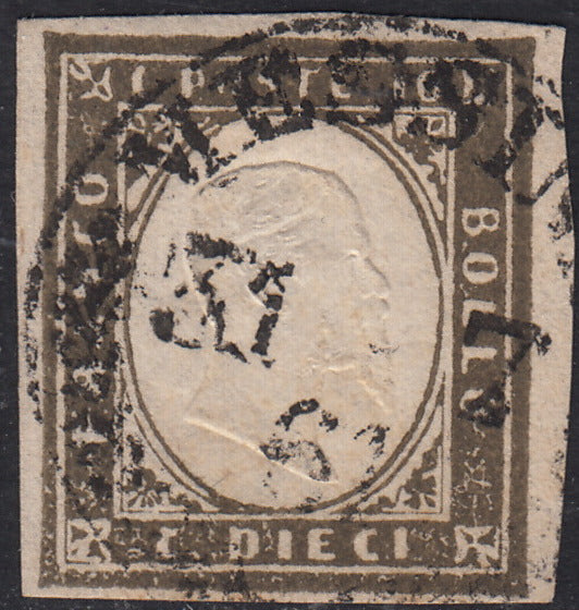 ES25_100 - 1861 - IV emissione c. 10 oliva grigio scurissimo I tavola usato, splendido colore (14Cb)