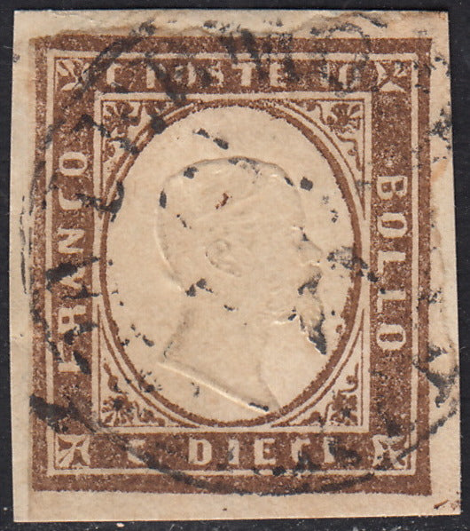 ES25_102 - 1861 - IV emissione c. 10 bruno cioccolato scuro I tavola usato, splendido colore (14Ce)