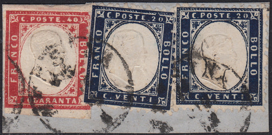 ES25_103 - 1862 - Frammento affrancato con c. 40 rosso carminio + Regno c.20 indaco due esemplari (16D + 2)