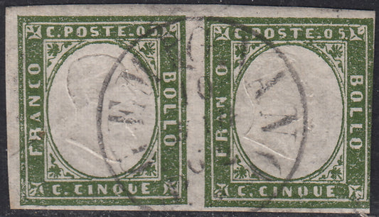 ES25_104 - 1862 - IV emissione c. 5 verde olivastro IV composizione coppia orizzontale annullo S. Gemignano 10/12/62 punti R1 (13Dc, p.ti R1)