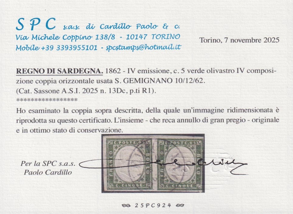 ES25_104 - 1862 - IV emissione c. 5 verde olivastro IV composizione coppia orizzontale annullo S. Gemignano 10/12/62 punti R1 (13Dc, p.ti R1)