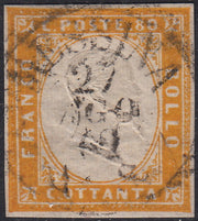 1860 - 1/2 tornese azul oscuro llamado "Croce di Savoia" utilizado en el periódico IL PAESE del 1/1/1861 (16b)