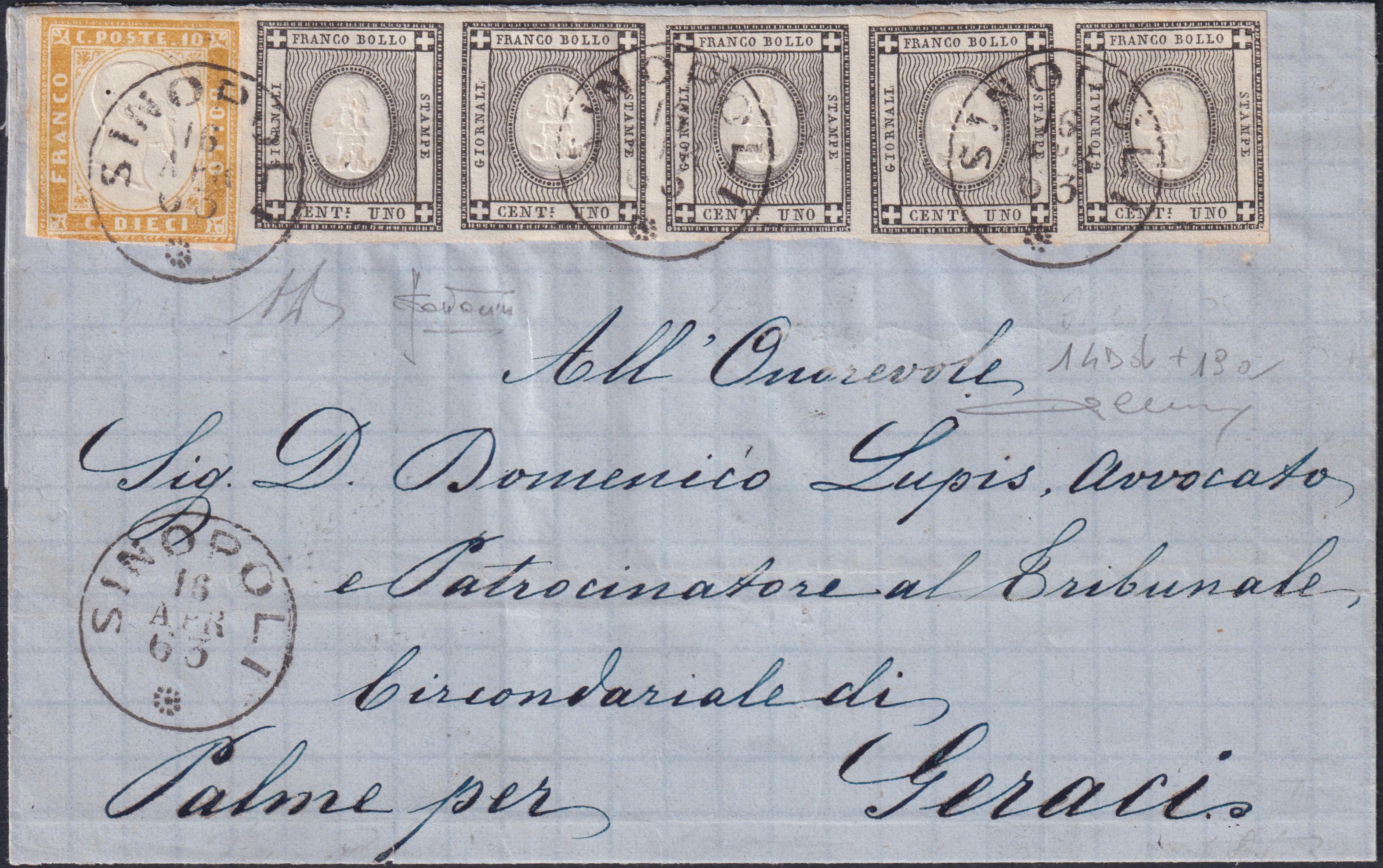 ES25_58 - 1863 - Lettera spedita da Sinopoli per Gerace 16/4/63 affrancata con c. 10 giallo ocra + Stampati c. 1 nero striscia di cinque (14Dd+19a)