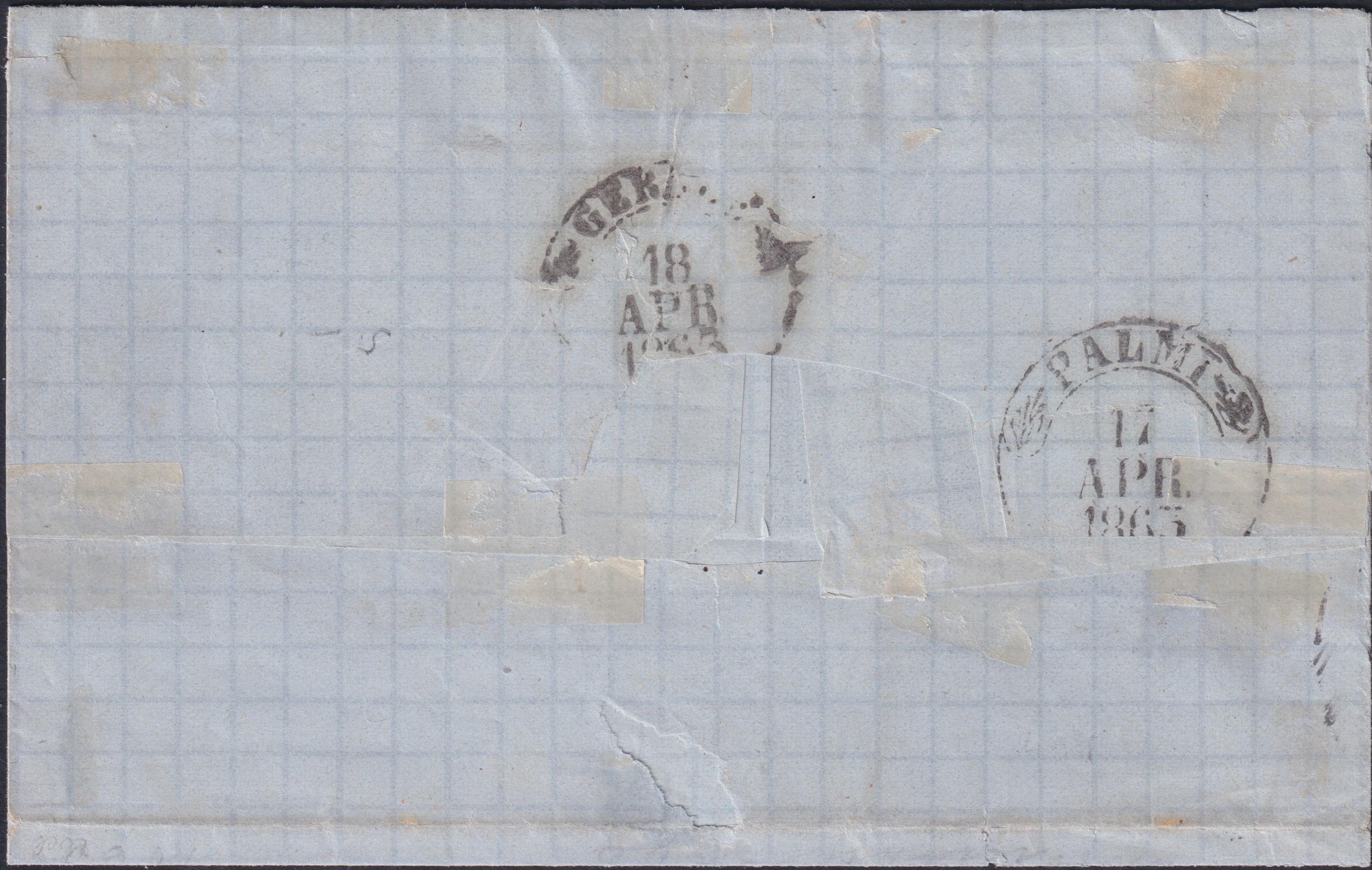 ES25_58 - 1863 - Lettera spedita da Sinopoli per Gerace 16/4/63 affrancata con c. 10 giallo ocra + Stampati c. 1 nero striscia di cinque (14Dd+19a)