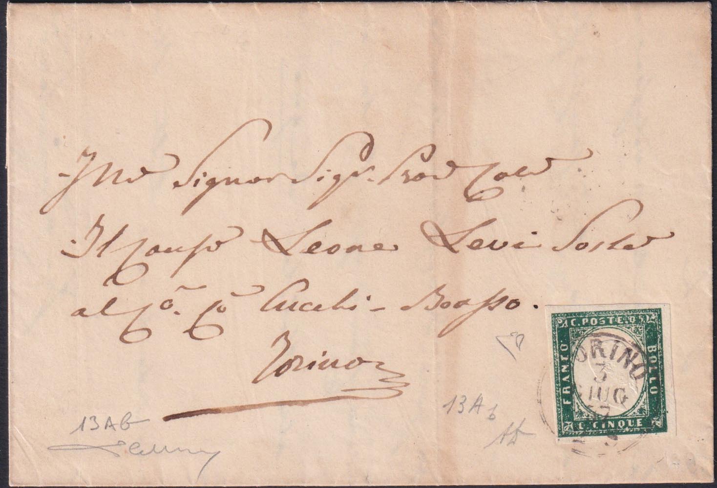 ES25_69 - 1857 - Sardegna IV emissione c.5 verde mirto scuro I composizione isolato su lettera da Torino per città 3/6/57 (13Ab)