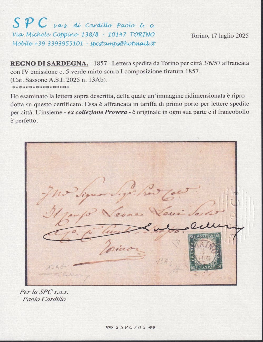 ES25_69 - 1857 - Sardegna IV emissione c.5 verde mirto scuro I composizione isolato su lettera da Torino per città 3/6/57 (13Ab)