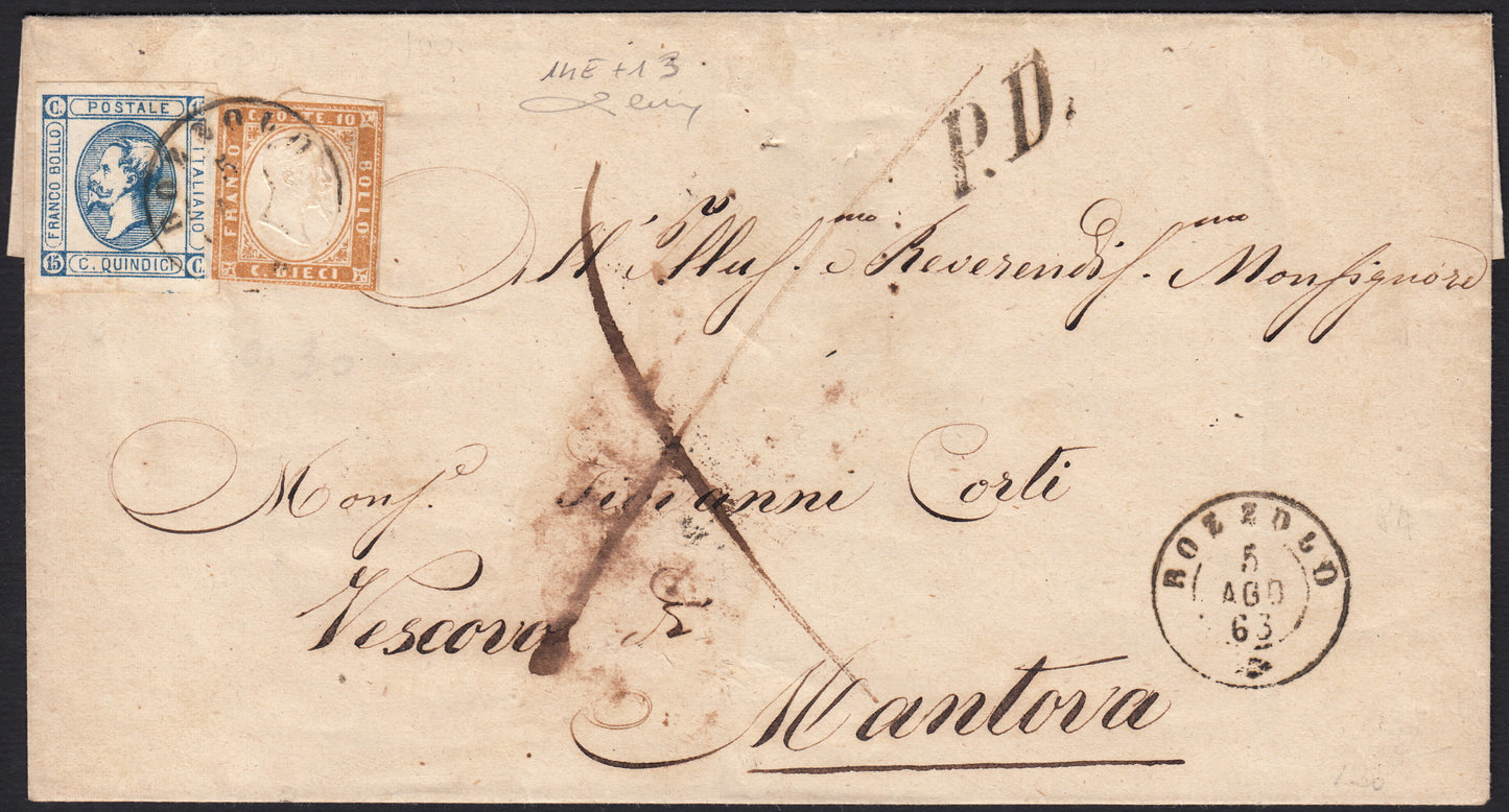 ES25-95 -1863 - Lettera spedita da Bozzolo per Mantova 5/8/63 affrancata con IV emisisone c.10 bistro + Litografico II tipo c. 15 azzurro (14E + 13)