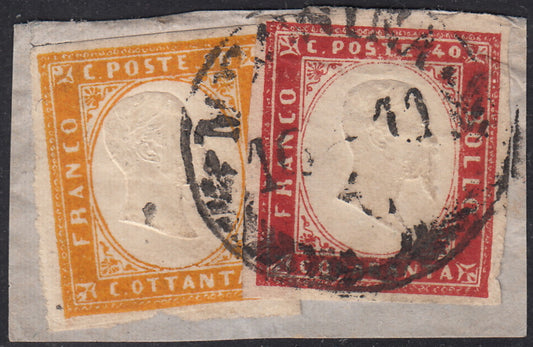 ES25_99 - 1862 - IV emissione c. 40 rosso carminio + c. 80 giallo arancio su frammento MESSINA (16D+17C)