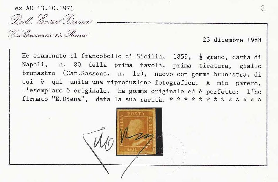 1859 - 10 grain indigo Naples retouch paper n. 21 new with full original rubber. (12b) Retouch 21