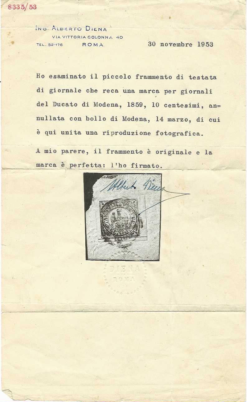 ES2609_2 - 1859 - Modena giornali, Tasse Gazzette Cent 10 nero su bianco usato su frammento (5)
