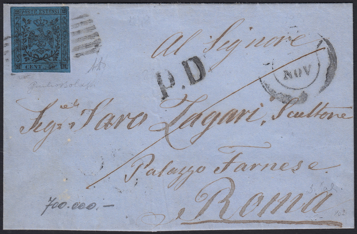 ES2609_5 - 1858 - Lettera spedita da Carrara per Roma 5/11/58 affrancata con c. 40 azzurro scuro (6).